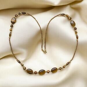 Vintage Tiger Eye Necklace Strand Smooth Oblong Round Beads 29.5” Opera Length